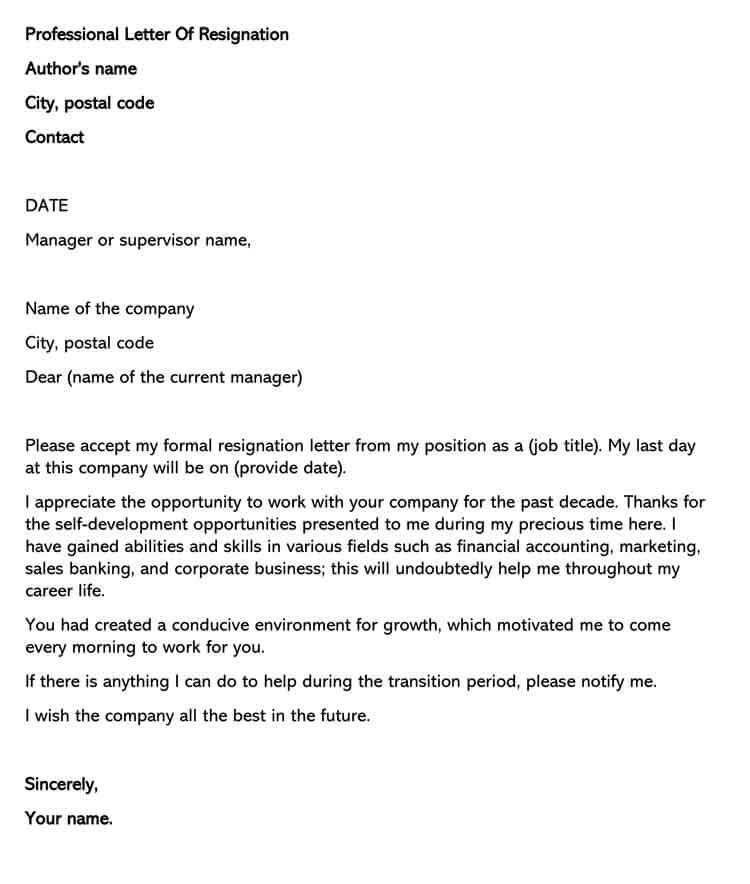 Free Sample Letter Of Resignation Template