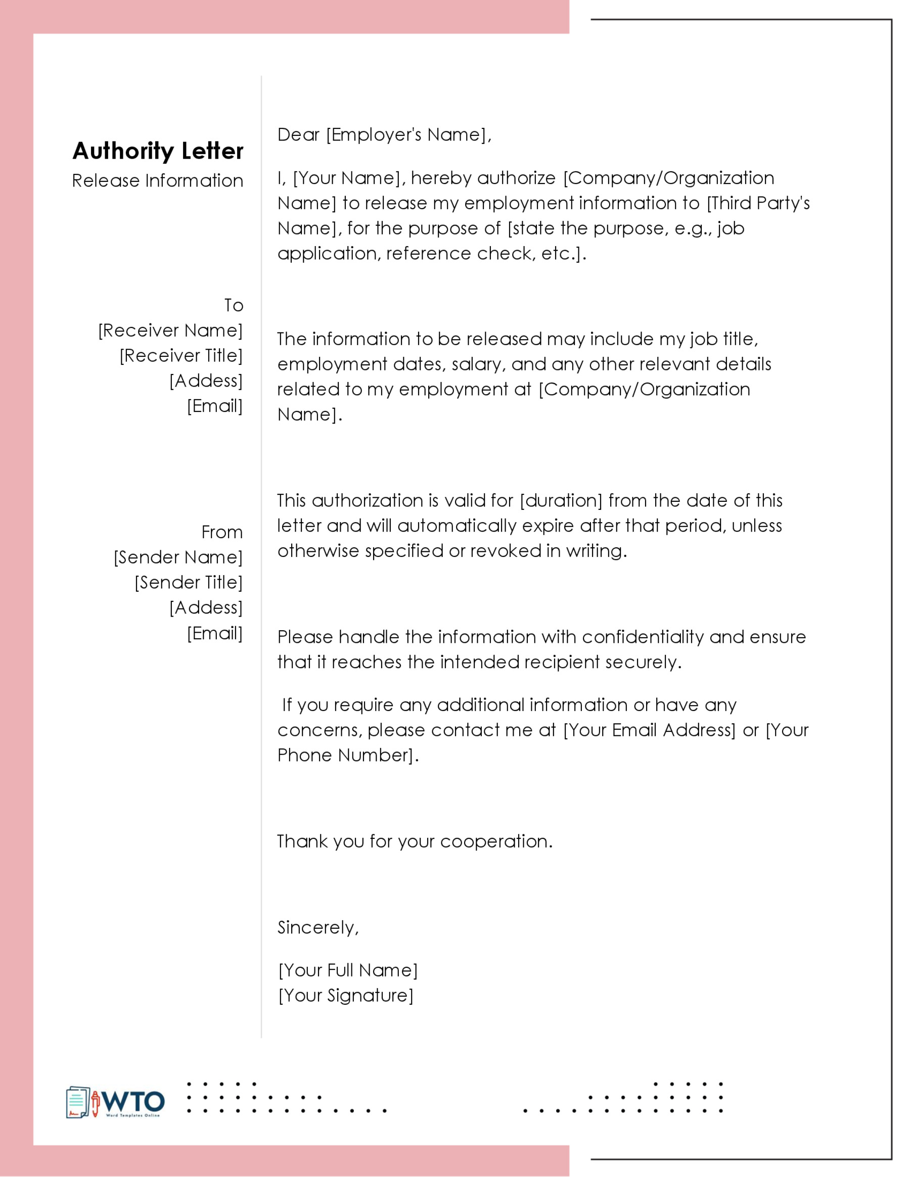 Free Downloadable Authorization to Release Information Letter Sample 02 for Word Document