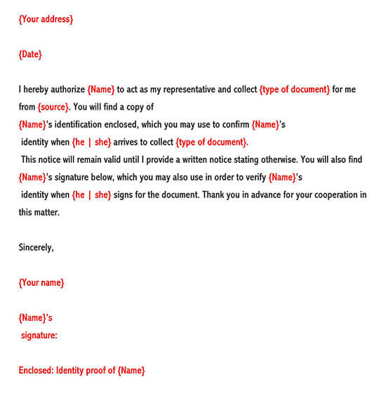 Authorization letter template for receiving documents - Free sample 01