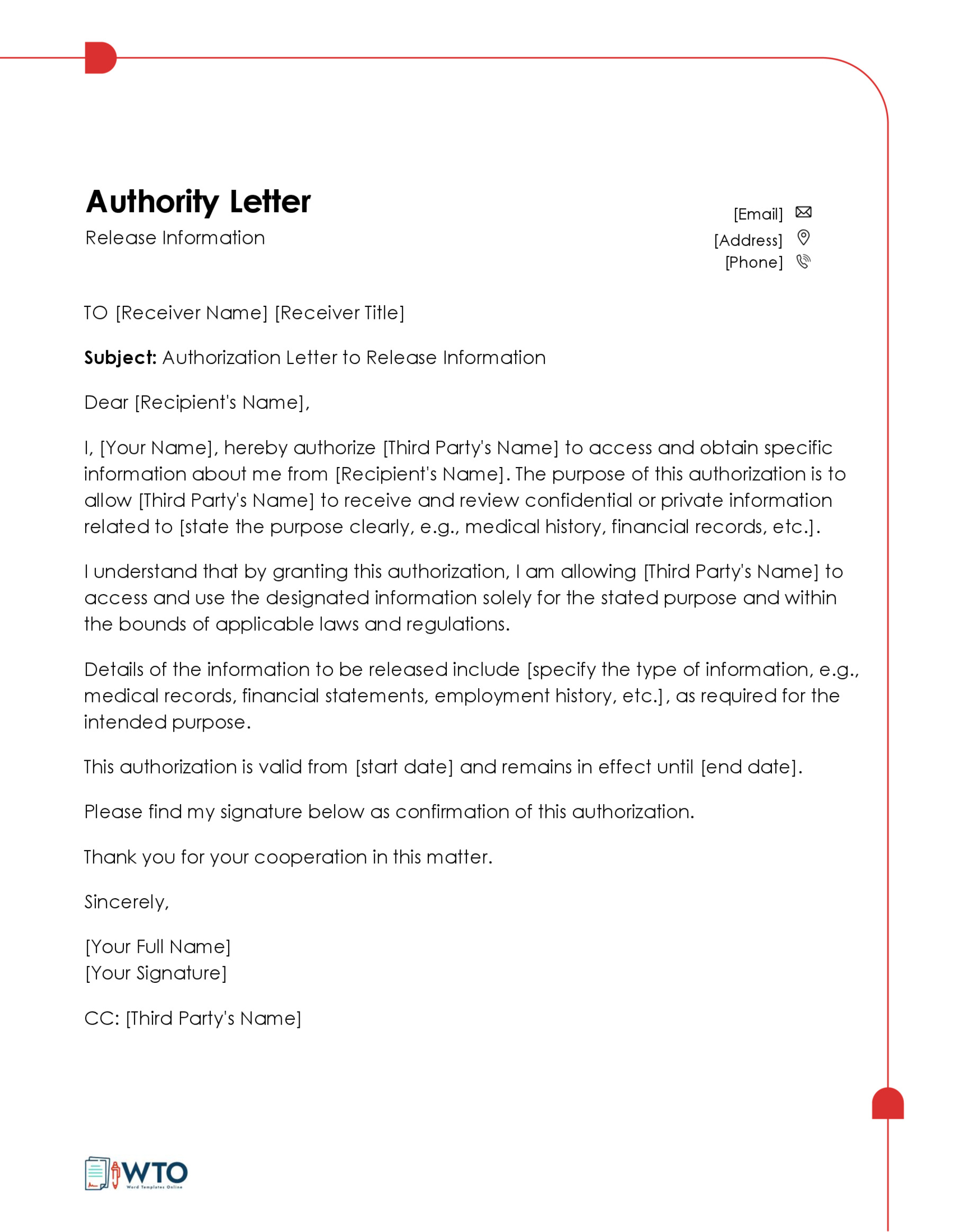 Authorization Letter to Release Personal Information Template - Free Download