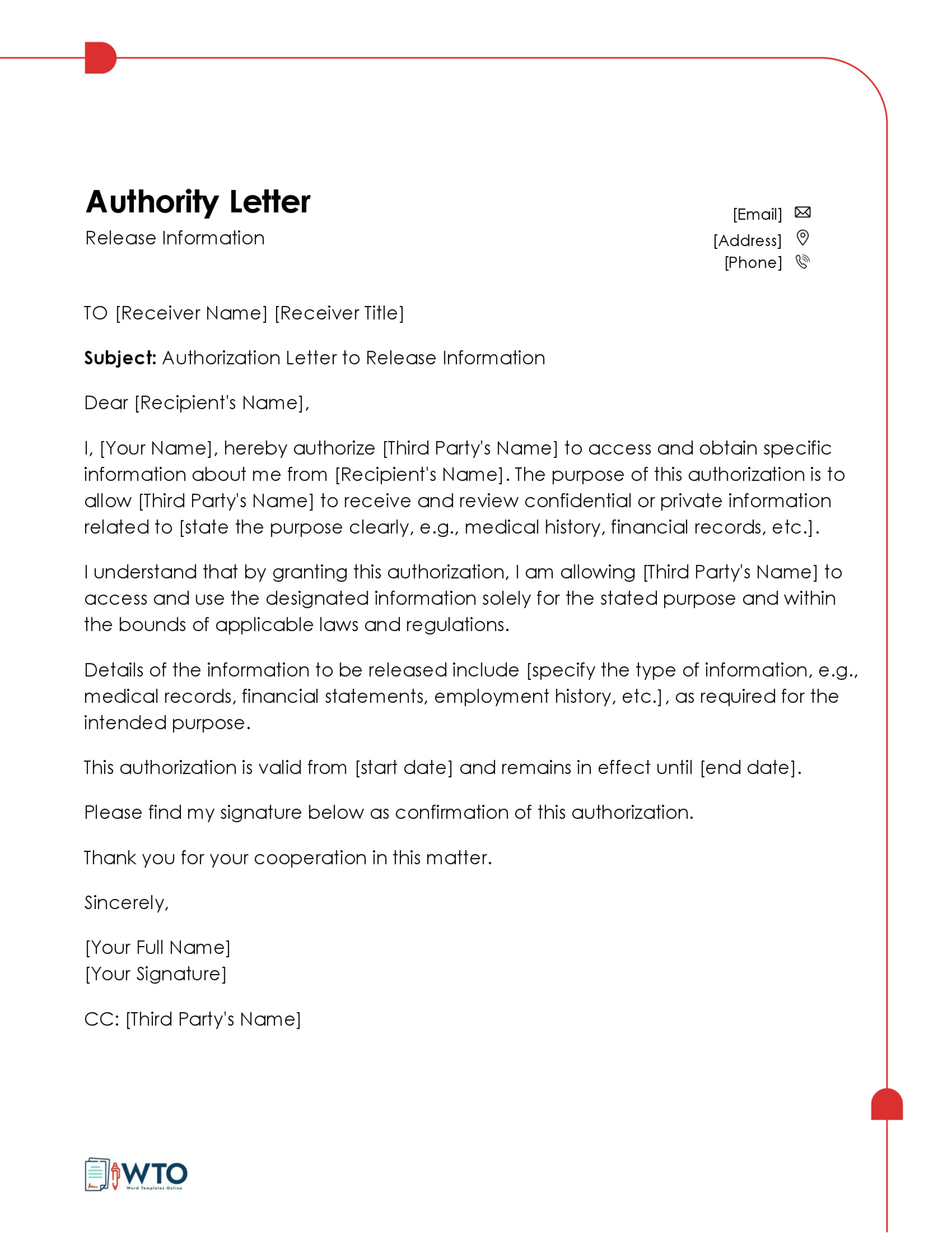 Free Downloadable Authorization to Release Information Letter Sample 01 for Word Document