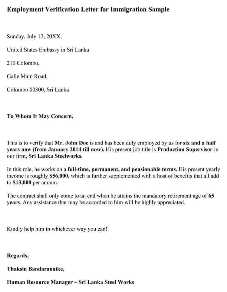 Employment Verification Letter for Immigration (Samples)