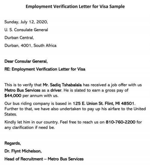 Sample Employment Letter For Visa