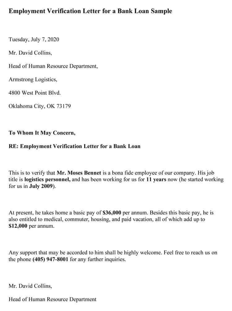 Free Employment Verification Letter for Bank Loan Template