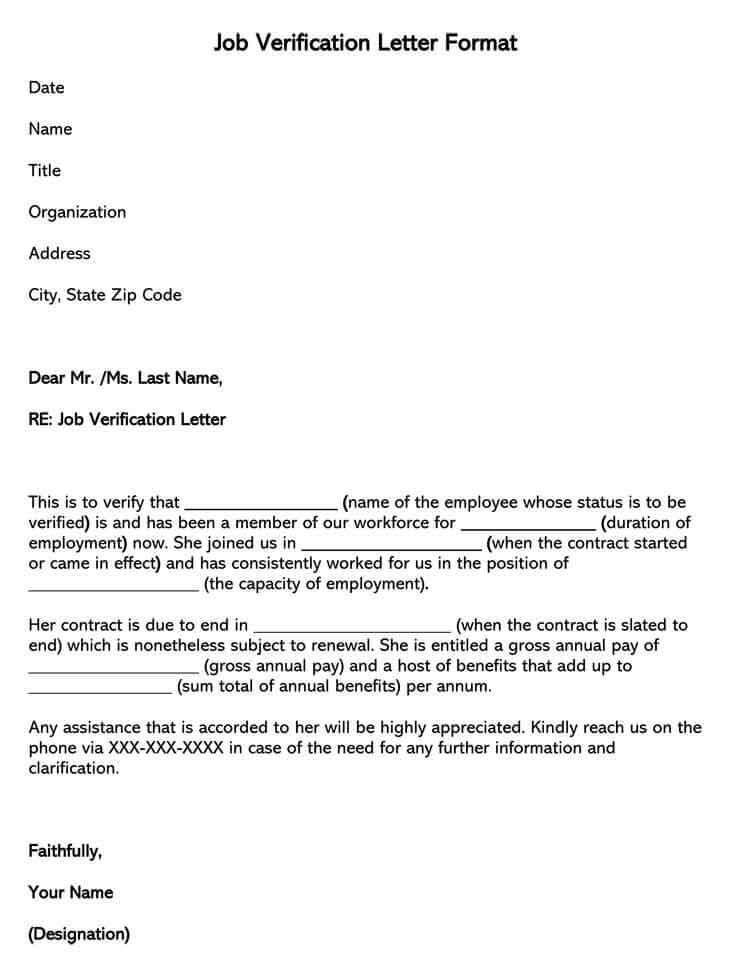Format of a Job Verification Letter Template