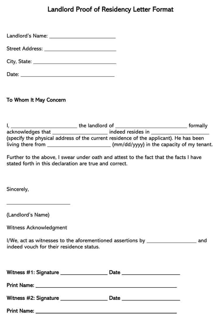 Format of Landlord Proof of Residency Letter Template