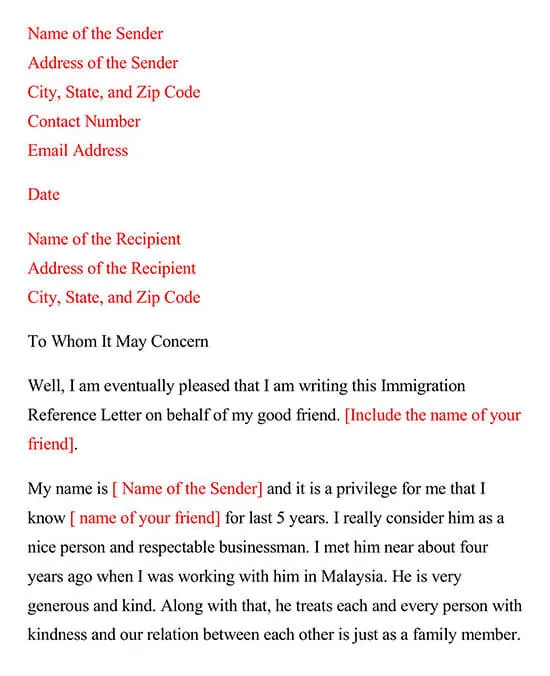 Immigration Reference Letter Sample Letters Templates