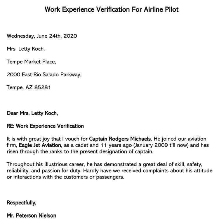 Printable Work Experience Verification Letter for Airline Pilot Sample for Word