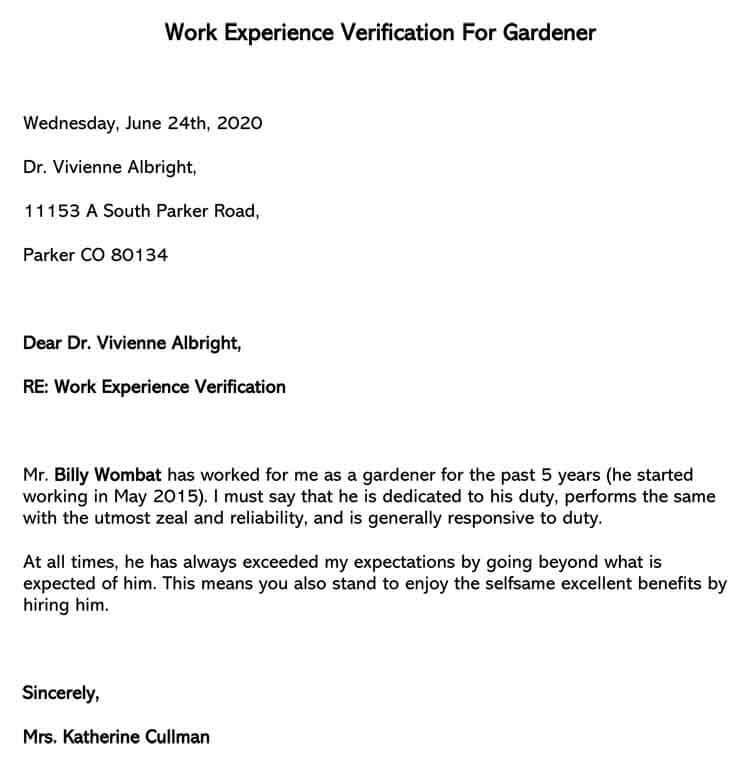 Free Work Experience Verification Letter for Gardener Sample for Word