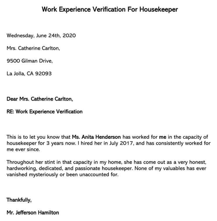 Printable Work Experience Verification Letter for Housekeeper Sample for Word