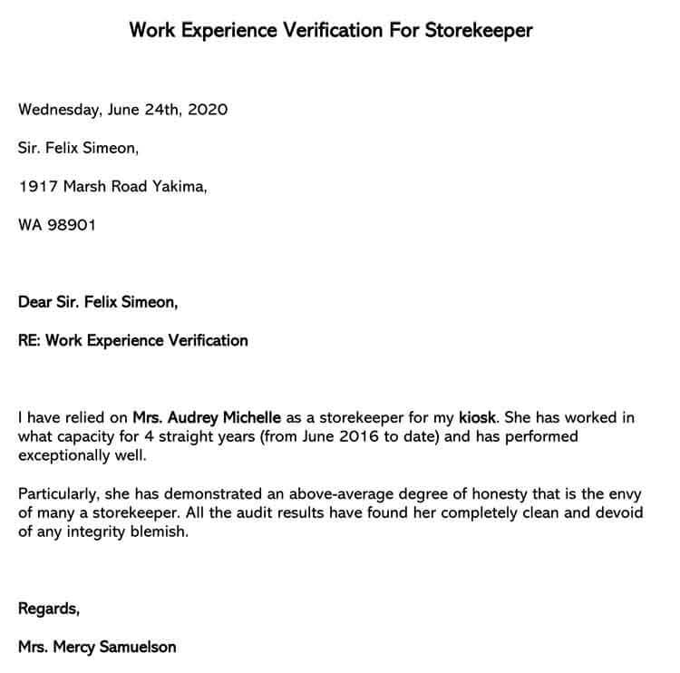 Editable Work Experience Verification Letter for Storekeeper Sample for Word