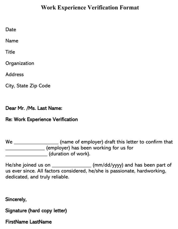 Free Work Experience Verification Letter Format for Word