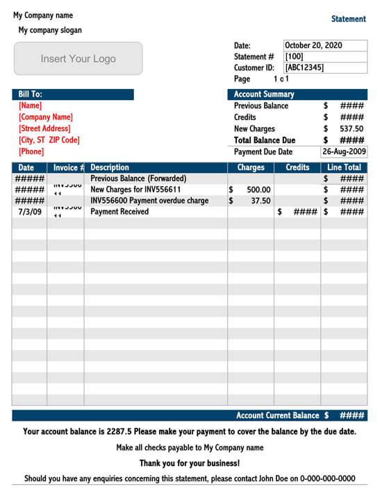 Free Customizable Account Billing Statement Template as Excel Sheet