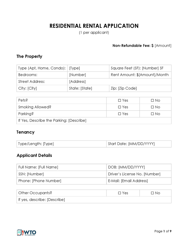 Free Rental Application Form Template for Word