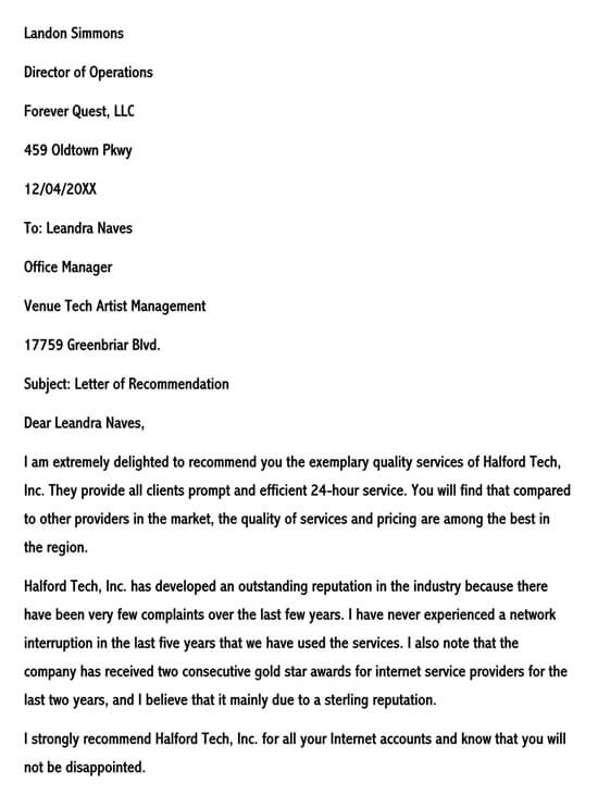 Editable Business Recommendation Letter Template in Word Format
