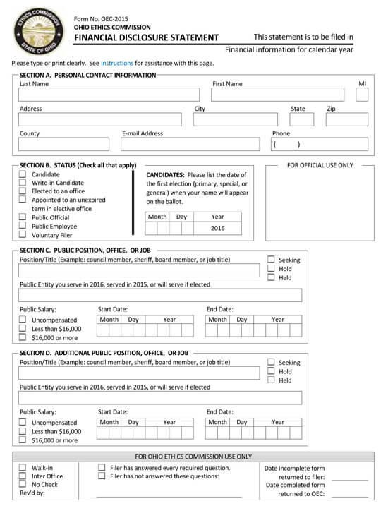 Free template for Employee Financial Disclosure Statement