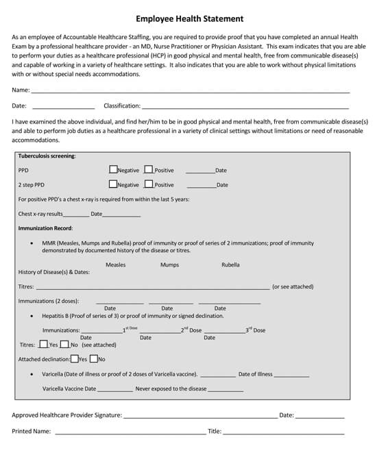 Sample employee work statement for employee health - Editable