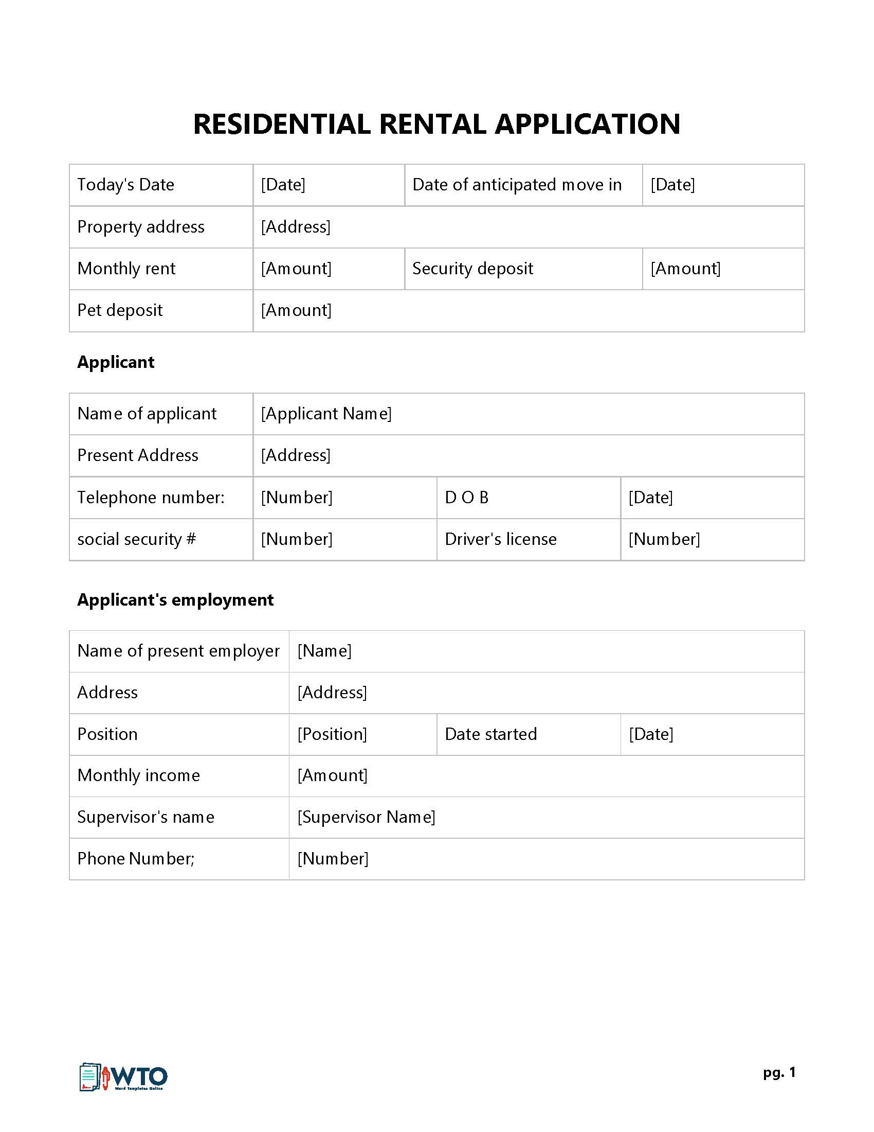 Free National Rental Application Form for Word