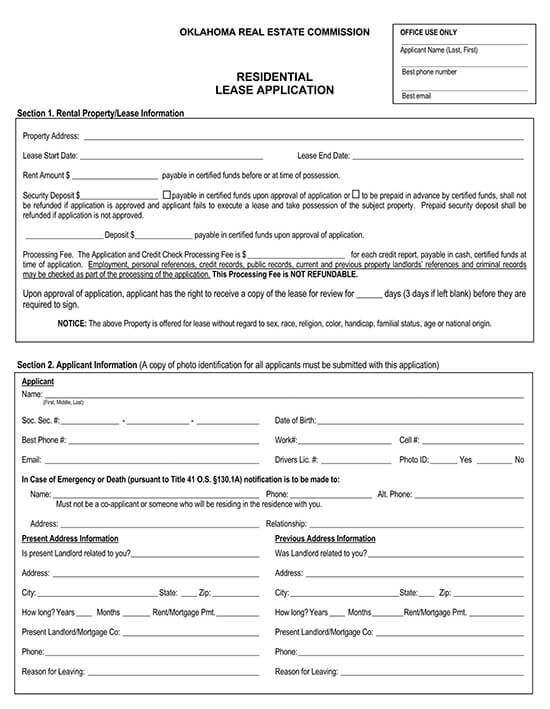 Oklahoma Residential Lease Application FormOklahoma Residential Lease Application Form
