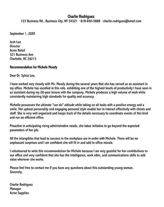 Free current employer recommendation letter template
