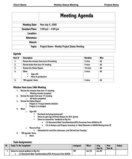 Best Editable Weekly Status Meeting Agenda Template as Word Document