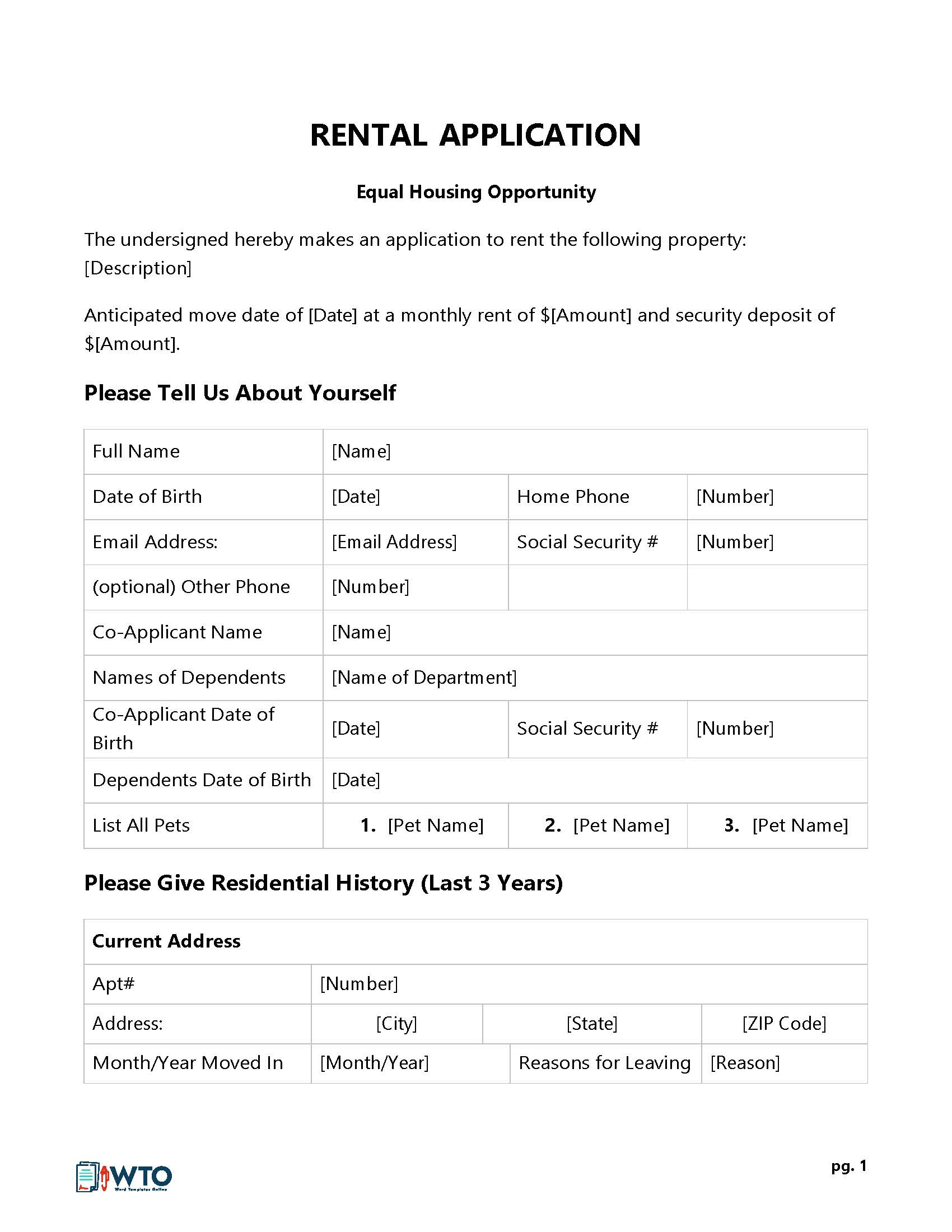 Editable Standard Rental Application Form for Word