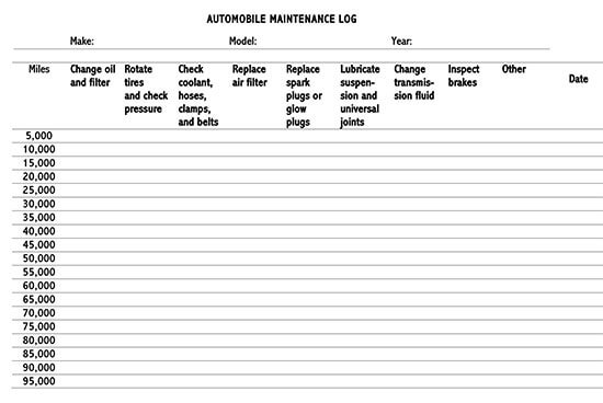 Vehicle Maintenance Log Service Word Sheet 09