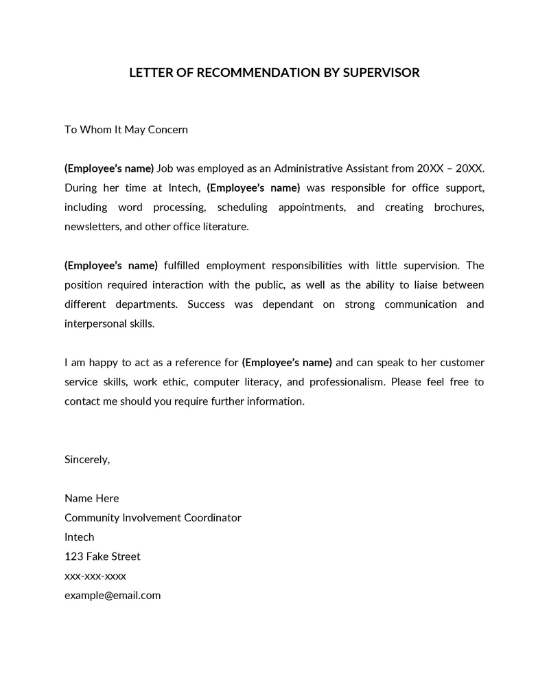 PDF supervisor recommendation letter template