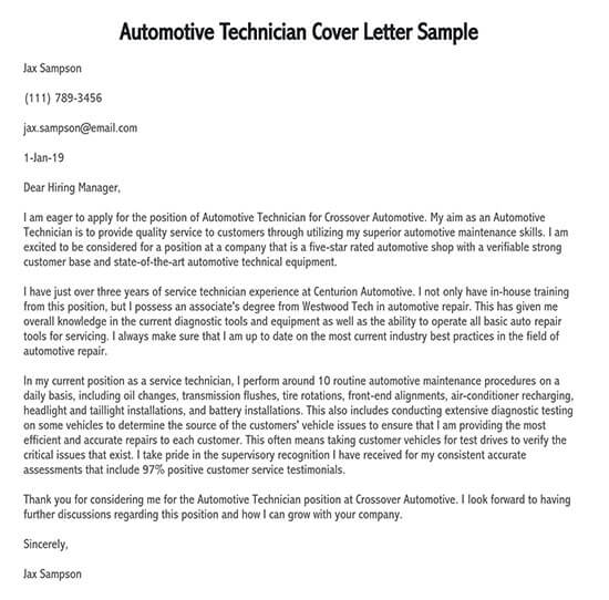 Sample Automotive Technician Cover Letter