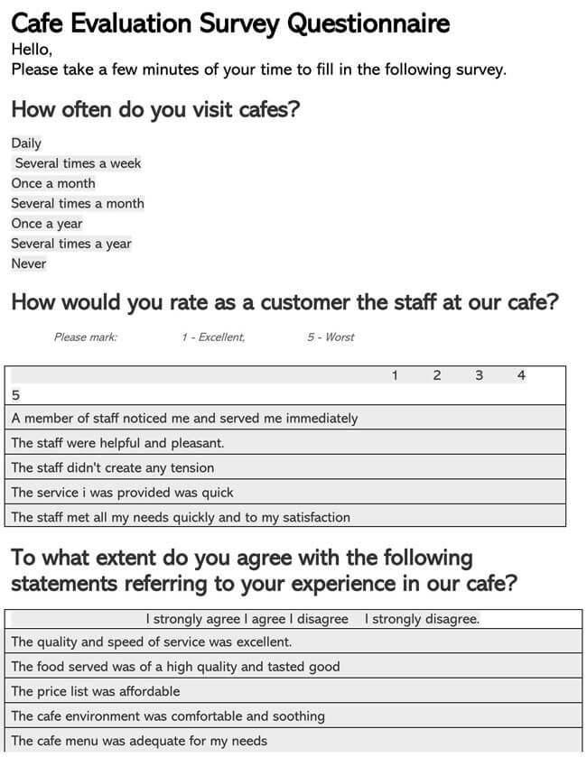 Free Cafe Evaluation Survey Questionnaire Template