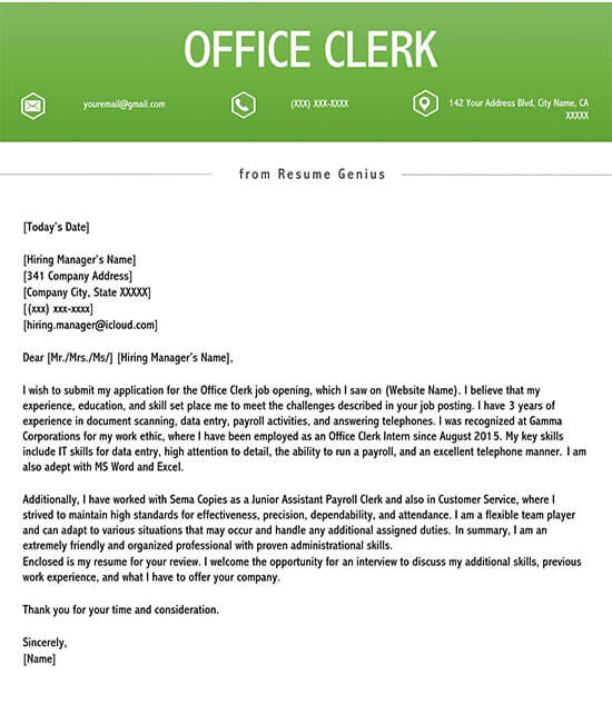 Professional Editable Office Clerk Cover Letter Sample 01 as Word Document