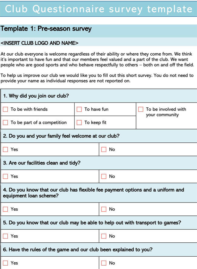 Free Club Survey Questionnaire Template