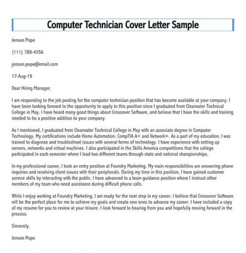 cover letter for technician position