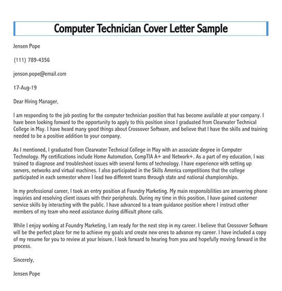 Sample Computer Technician Cover Letter