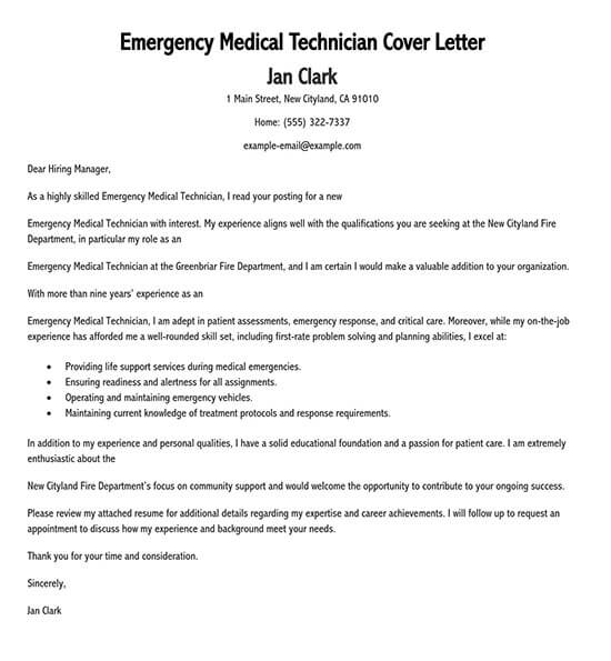 Sample Emergency Medical Technician Cover Letter