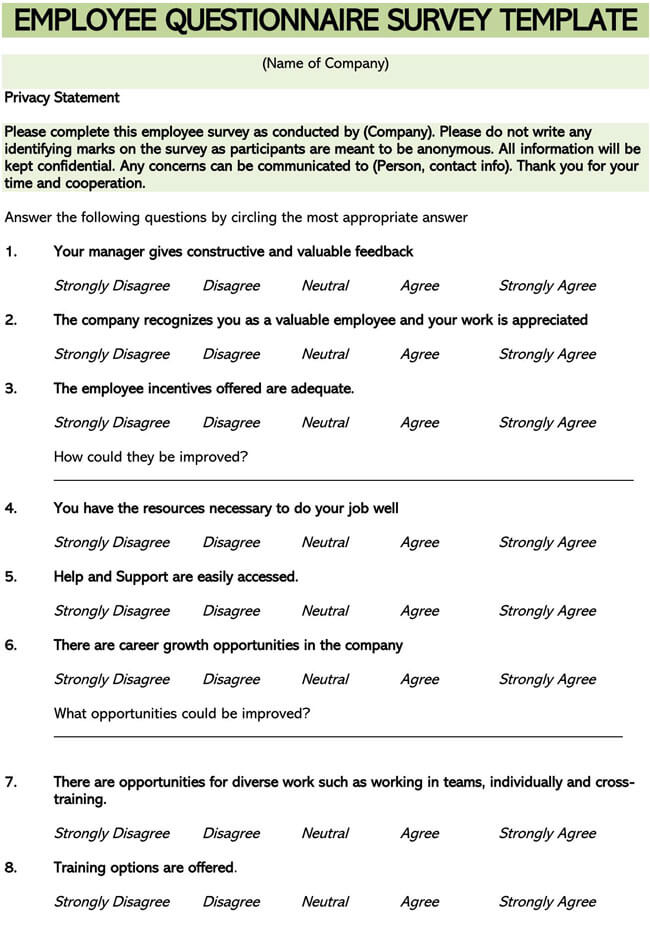 Free Employee Survey Questionnaire Template 02