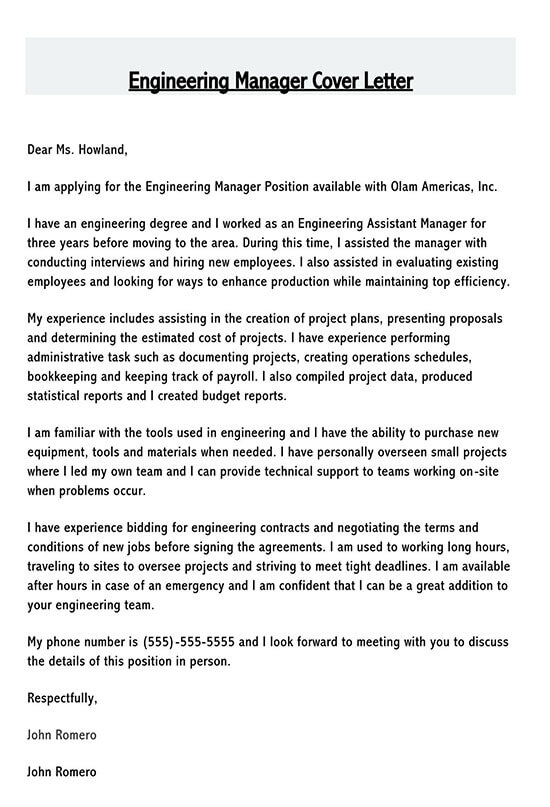 Free Engineering Manager Cover Letter Example
