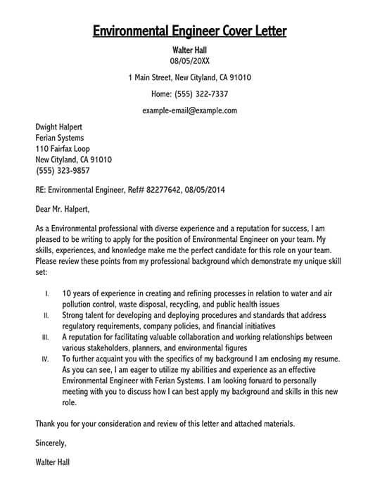 Free Environmental Engineer Cover Letter Example
