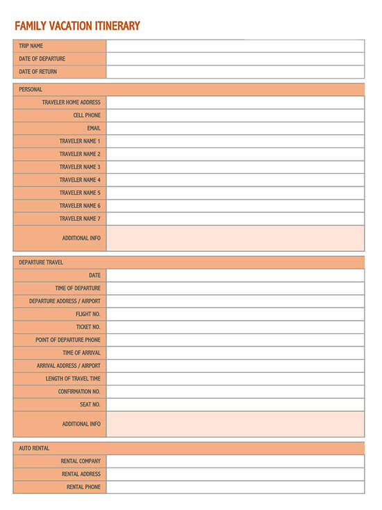 Comprehensive vacation itinerary template