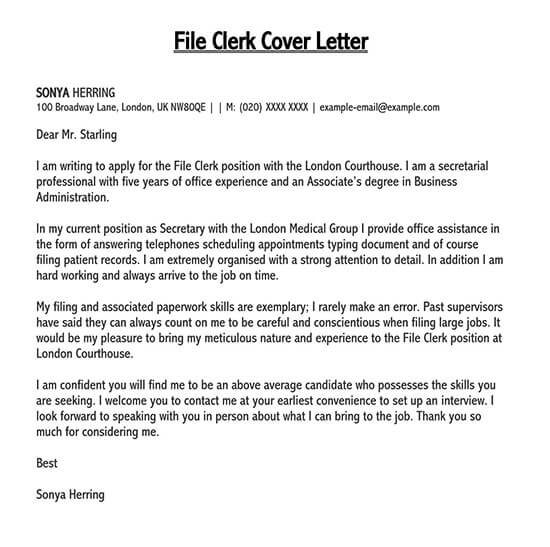 Professional Editable File Clerk Cover Letter Sample as Word Document