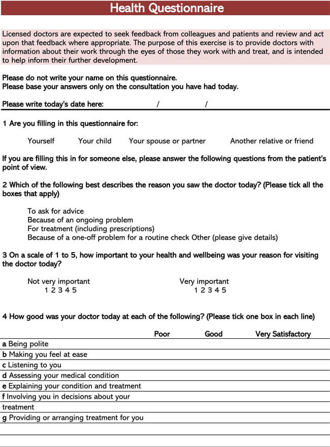 Free Health Questionnaire Template 02