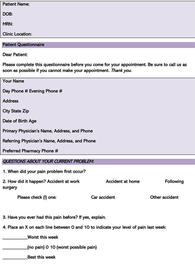 Free Health Questionnaire Template 04