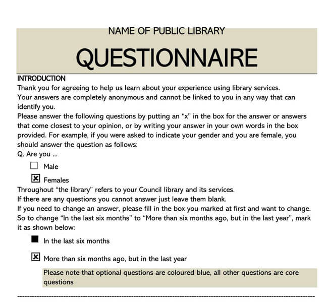 Free Library Questionnaire Template