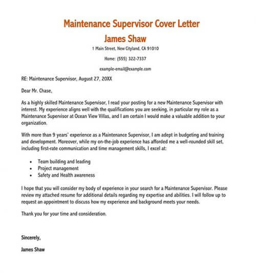 cover letter for maintenance position