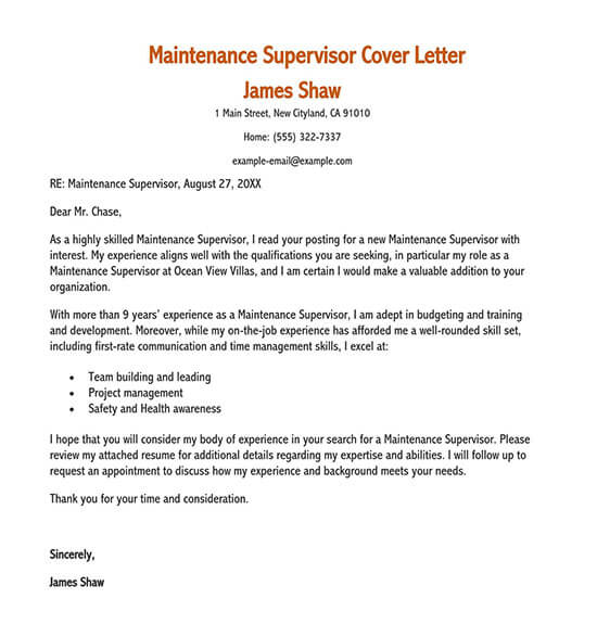 Free Maintenance Supervisor Cover Letter Sample 01- Word File