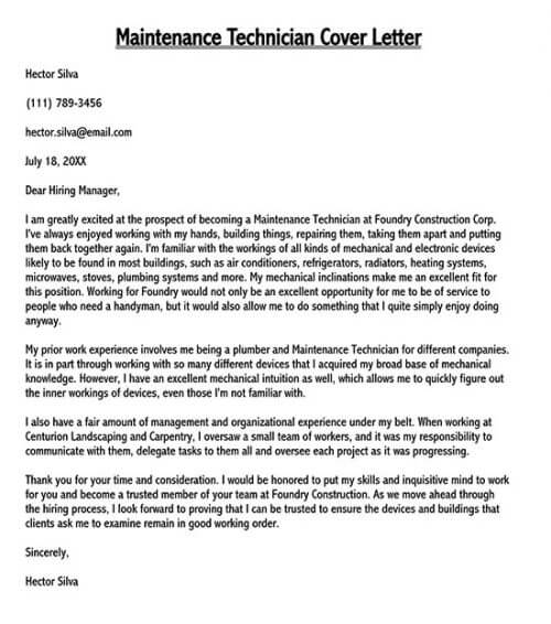 cover letter for maintenance technician