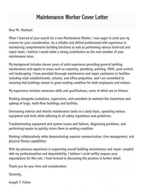cover letter for maintenance assistant