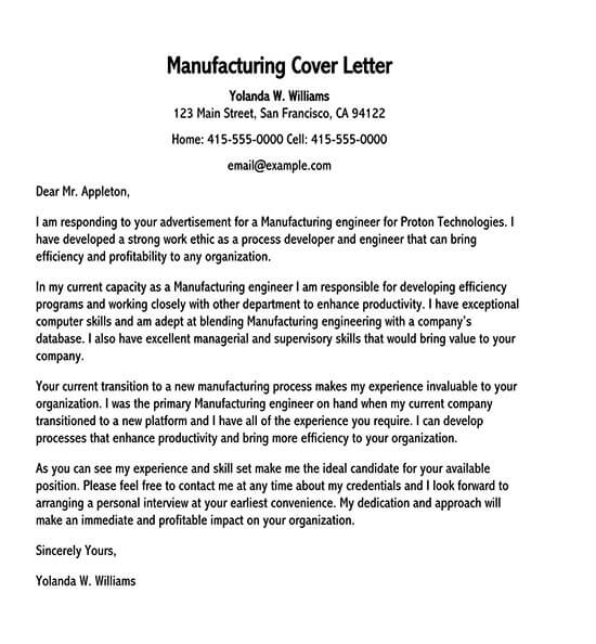 Free Manufacturing Cover Letter Sample