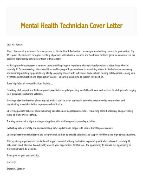 Sample Mental Health Technician Cover Letter