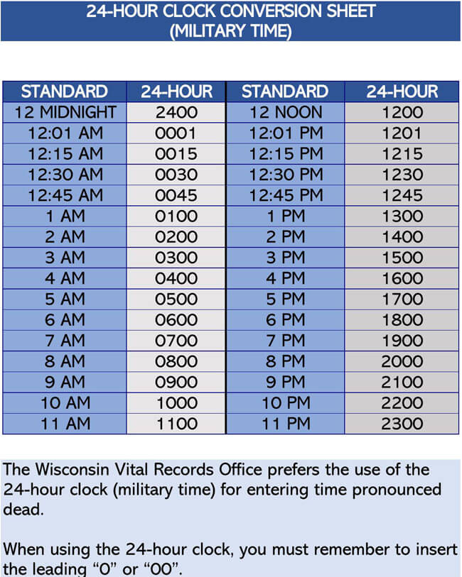 Free Military Time Word Chart Template 03 for Word File